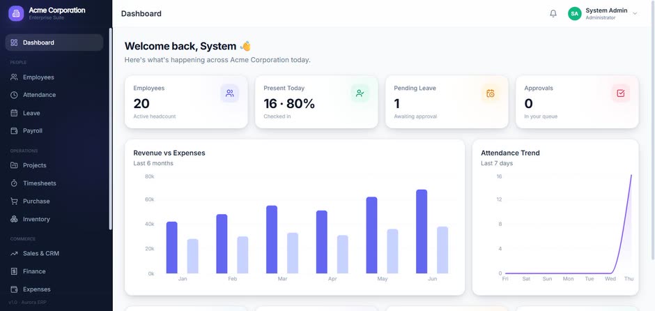 Aurora ERP dashboard — 20 employees, revenue vs expenses and attendance trend