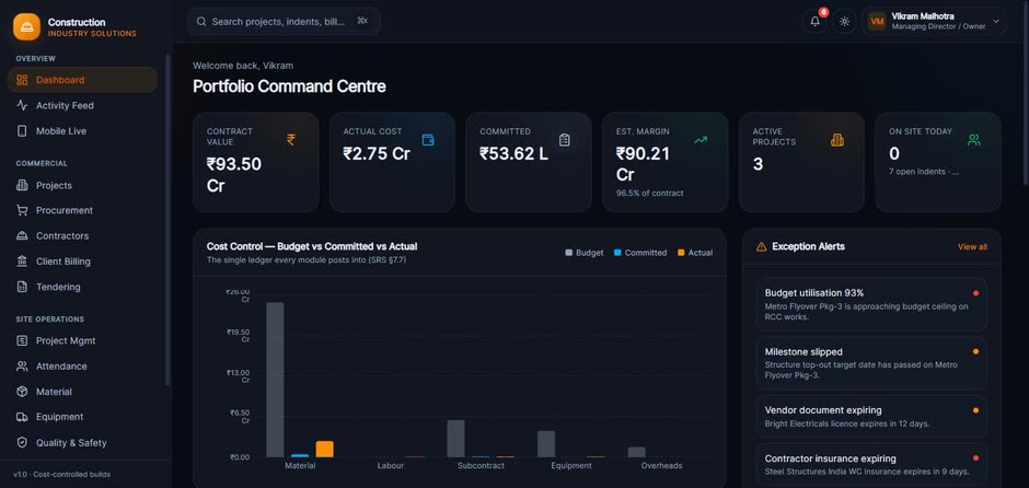 Construction Portfolio Command Centre — cost control ledger